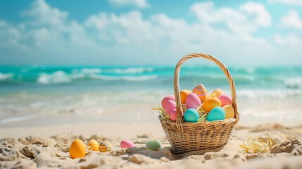 Easter basket with color eggs on the sandy beach near ocean
