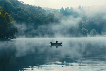 A man is in a boat on a lake, surrounded by fog. The atmosphere is calm and peaceful, with the man enjoying the serenity of the water