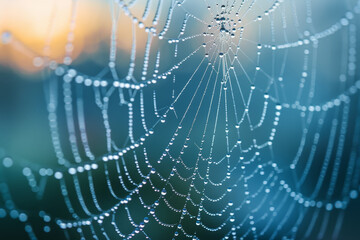 A spider web with raindrops on it. The web is blue and green - obrazy, fototapety, plakaty