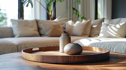 Detail shot of a decorative tray on a coffee table, modern interior design, scandinavian style hyperrealistic photography