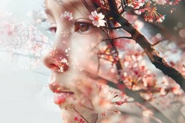 A woman's face is shown in a painting of cherry blossoms. The painting is a beautiful representation of the delicate and fleeting nature of life