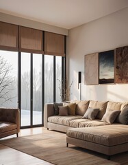 A chic living room overlooks a snowy landscape, featuring a sleek sofa and wooden accents.