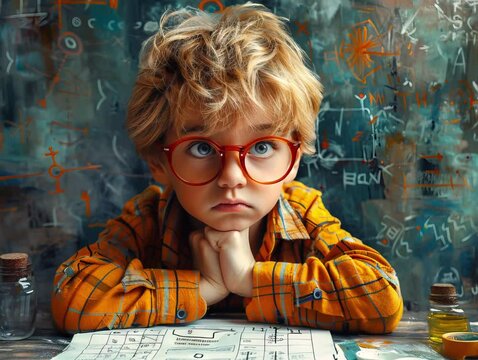 A bespectacled young boy with tousled blond hair leans pensively on a desk, his arms resting on scattered plans and jars, while behind him a wall covered in graffiti and mathematical formulas 