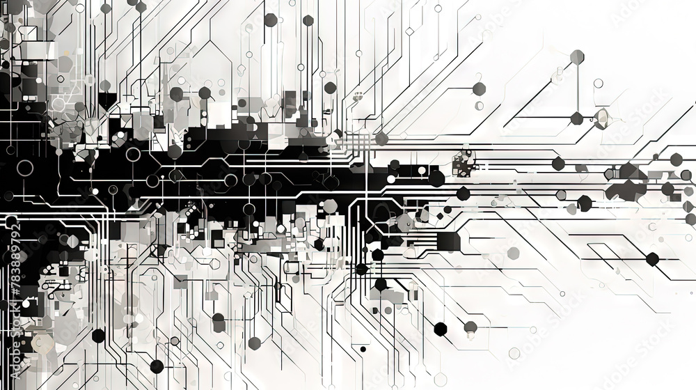 Poster abstract circuit board concept with black track lines on white background.