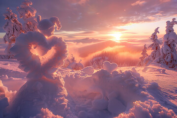 A snow sculpture of a heart is on a snowy hillside. The sun is setting in the background, creating a warm and romantic atmosphere - Powered by Adobe