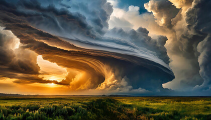 Cumulonimbus cloud towers over a lush landscape, sunlit valley surrounded by rolling hills during sunset.