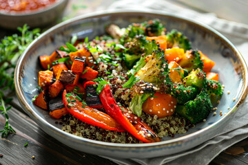 A bowl of food with vegetables and quinoa. The bowl is on a wooden table. The vegetables include...