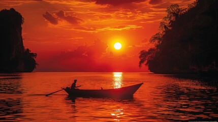 A striking silhouette against Thailand's fiery sunset, a testament to the beauty of nature's fleeting moments.