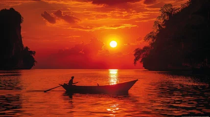 Photo sur Aluminium brossé Rouge A striking silhouette against Thailand's fiery sunset, a testament to the beauty of nature's fleeting moments.