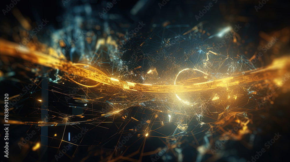 Poster Abstract technology burst with glowing wires and particles in motion. Technology and science dynamic background.