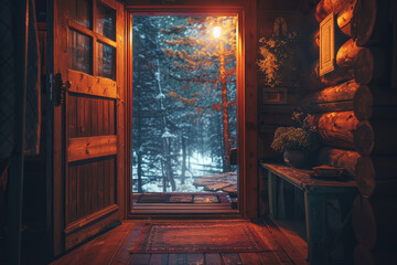A wooden cabin with a door that is open to a snowy forest. The door is lit up by a light, creating a warm and inviting atmosphere