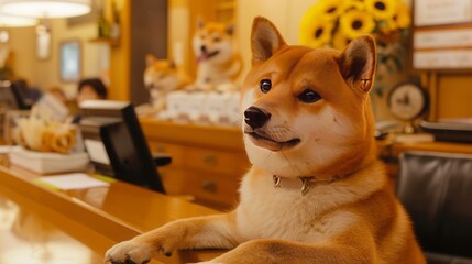 A bank where all the tellers and employees are Shiba Inu dogs