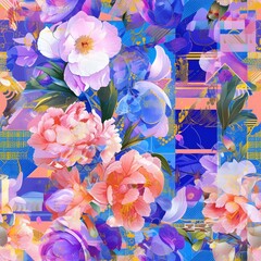 Peonies and Orchids in Geometric Periwinkle A Contemporary Fusion of Nature and Modern Aesthetics