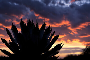 A silhouette of a plant is shown against a backdrop of a sunset. The sky is filled with clouds, and...