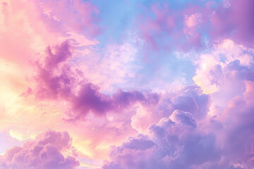 A beautiful pink and purple sky with fluffy clouds. The sky is a mix of pink and purple, creating a...