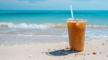 Iced coffee with milk on a beach