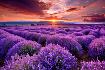 A field of purple flowers with a lot of purple flowers. The flowers are in full bloom and are very...