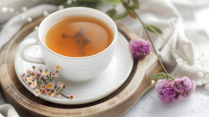 Herbal Tea in Glass Cup Surrounded by Wildflowers in Nature