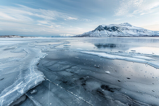 A frozen lake with a beautiful blue sky in the background. The sky is cloudy and the sun is setting