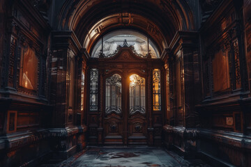 A dark room with a large archway and a door. The door is open and the light is shining through the window. The room is empty and the atmosphere is eerie