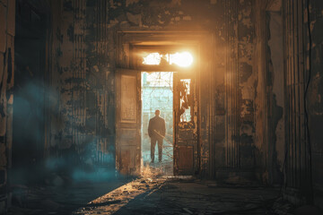 backlit figure entering through an open door - obrazy, fototapety, plakaty