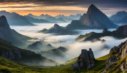 Sunset or sunrise over mountains peaks with misty valleys and green fields in foreground.