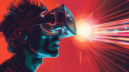 a man has a virtual reality headset on and on the visor of the headset is a spiral pattern and it's emitting light, creepy, illustration, digital artwork - obrazy, fototapety, plakaty