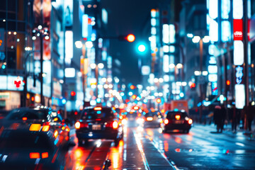 A blurry city street with cars and a neon sign. The scene is busy and bustling with activity - obrazy, fototapety, plakaty