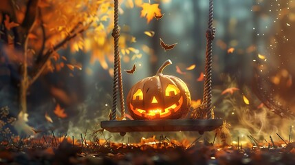 Organic Happy Halloween pumpkin on the swing