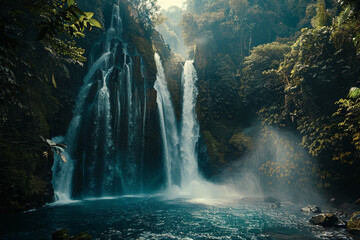 A waterfall is flowing into a body of water. The water is clear and calm. The scene is peaceful and serene