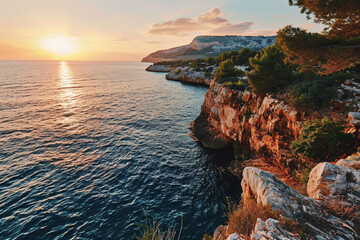 A beautiful sunset over the ocean with a rocky cliff in the background. The water is calm and the...