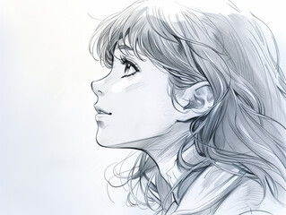 pencil sketch of a cute girl with long hair, Generative AI