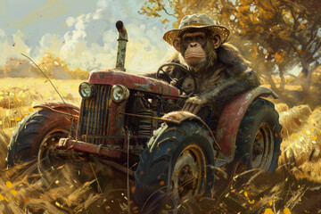 Obraz premium A monkey is driving a tractor in a field. The tractor is old and rusty. The scene is painted in a way that makes it look like a cartoon