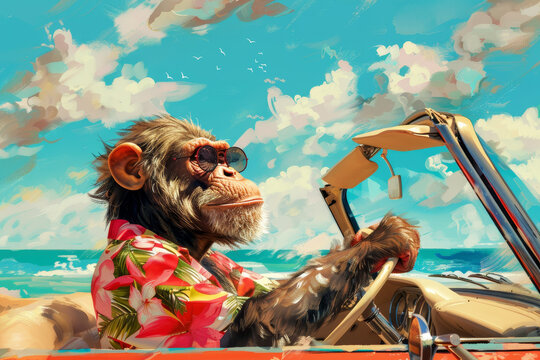 A monkey is driving a car with a Hawaiian shirt on. The monkey is wearing sunglasses and he is enjoying the ride
