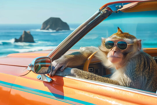 A monkey is sitting in a car with sunglasses on and a hat on. The car is orange and has a stripe on it. The monkey is looking out the window and seems to be enjoying the ride