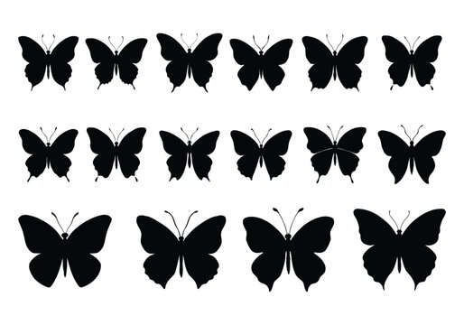 Set of black color silhouette vector clip art illustration butterflies collection isolated in white background.