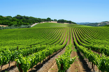 Fototapeta na wymiar A vineyard with rows of green vines. The vines are growing in a straight line and are very green