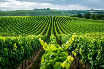 A lush green vineyard with rows of vines