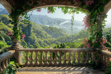 A beautiful view of a lush green forest with a stone balustrade. The view is serene and peaceful, with the mountains in the background adding to the beauty of the scene - obrazy, fototapety, plakaty