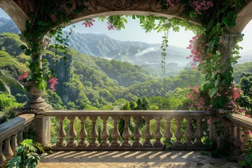 Foto op Plexiglas A beautiful view of a lush green forest with a stone balustrade. The view is serene and peaceful, with the mountains in the background adding to the beauty of the scene © mila103