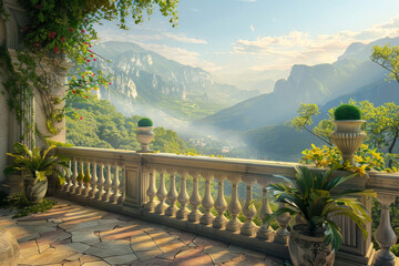 A beautiful mountain view with a balcony overlooking the landscape. The view is serene and peaceful, with the mountains in the background and the lush greenery of the plants in the foreground - Powered by Adobe