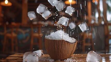 pieces of ice fall from above into a coconut fresh coconut on the table at the beach cafe - Powered by Adobe