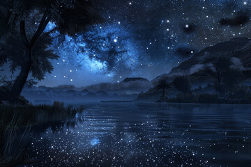 A beautiful night sky with a lake in the foreground. The stars are shining brightly and the water is calm. The scene is peaceful and serene