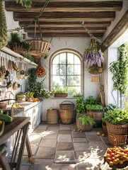 Fototapeta na wymiar Rustic Farmhouse Kitchen DecorFresh Produce Baskets | Cozy Country Cooking Scene