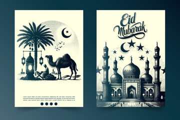 Islamic tradition sketches in vintage engraving style poster, Vector illustration Eid Mubarak design
