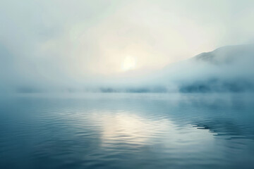 Fototapeta premium A foggy mountain range is reflected in the water. The sky is a mix of blue and white, with the sun peeking through the clouds. The scene is serene and peaceful, with the water