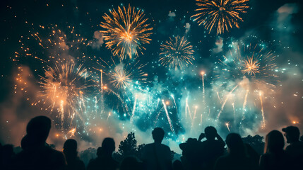 Spectacular Firework Display with Silhouetted Onlookers Celebrating - obrazy, fototapety, plakaty