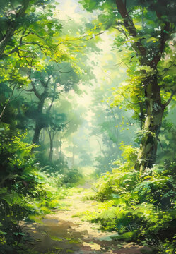 A painting depicting a narrow path winding through a dense forest with tall trees and foliage on either side