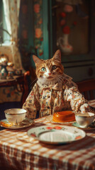 Cat in pajamas seated at the dining table