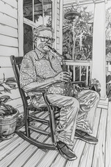 A serene moment as an elderly man enjoys playing his clarinet while sitting in a rocking chair on a cozy porch